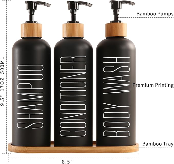 Shampoo and Conditioner Dispenser with Bamboo Pumps & Tray, Perfect for Bathroom Essentials for New Home (Black)