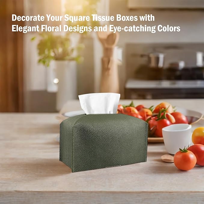 Tissue Box Cover PU Leather Tissue Holder Rectangle Facial Tissue Case Tissue Box Organizer Dispenser for Bathroom, Kitchen, Home, Office, Tabletop (OliveGreen, Tall)
