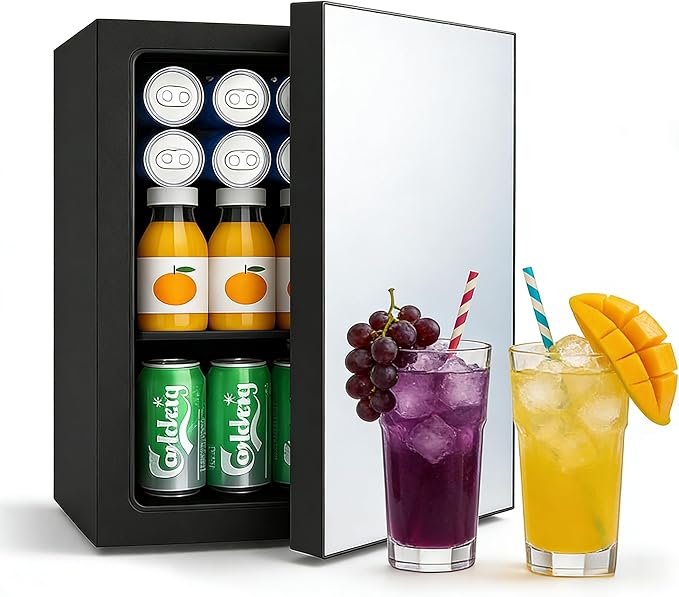 Compact Mini Fridge - 24 Cans/0.9 Cu.Ft Beverage Refrigerator with Mirrored Door & Digital Thermostat, Small Cosmetics Cooler for Skincare, Drinks, Food,Bedroom, Office, Dorm,Black