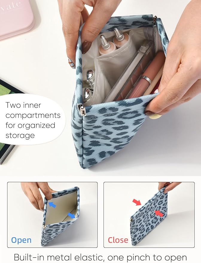Leopard Leather Small Makeup Pouch for Women,Cosmetic Accessories,Waterproof and Portable Cosmetic Bag,Self-closing, No Zipper, Aesthetic Storage Pouch,Lipstick for Purse,Azure-blue