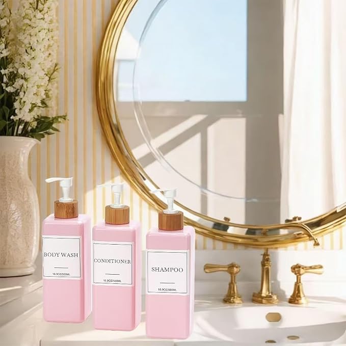 Shampoo and Conditioner Dispenser for Shower, Refillable Shampoo and Conditioner Bottles Body Wash Dispenser with Waterproof Labels, 3PCS Soap Dispenser Bathroom Pink White Empty Pump Bottle