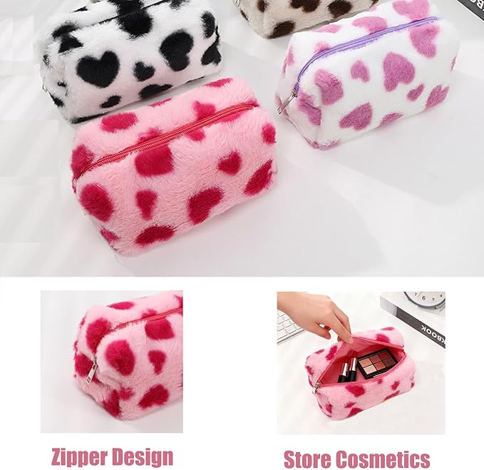 Makeup Bag Small Cosmetic Bags for Purse Women Girls Plush Simple Heart Make Up Pouch