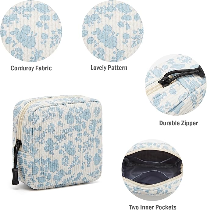 Small Makeup Bag for Purse,Mini Cosmetics Bag cute Zipper corduroy Cosmetic Pouch Storage Pouch Travel Toiletry Organizer for Women Girls(Plants Blue)