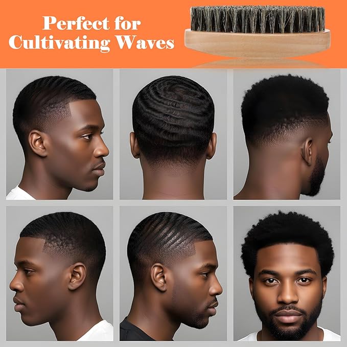 2PCS Beard Brush & 360 Wave Brush for Men, Medium Hard Palm Brushes for Laying Down 360 Waves, Wooden Handle, Soft Nylon Brushes For Fuller, Thicker Hair, Beard & Mustache