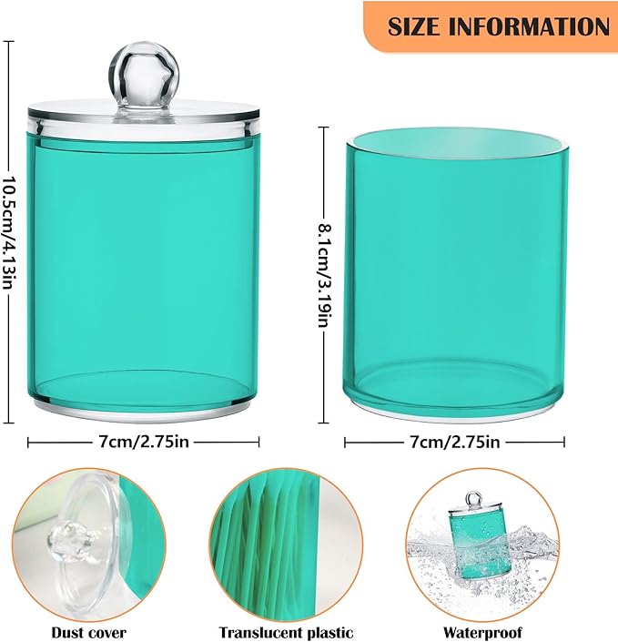 Turquoise Qtip Holder Organizer Dispenser Cotton Swabs Cans Plastic Jars with Lid Set 2 Pack Bathroom Storage Canister for Cotton Ball Floss Cotton Pads
