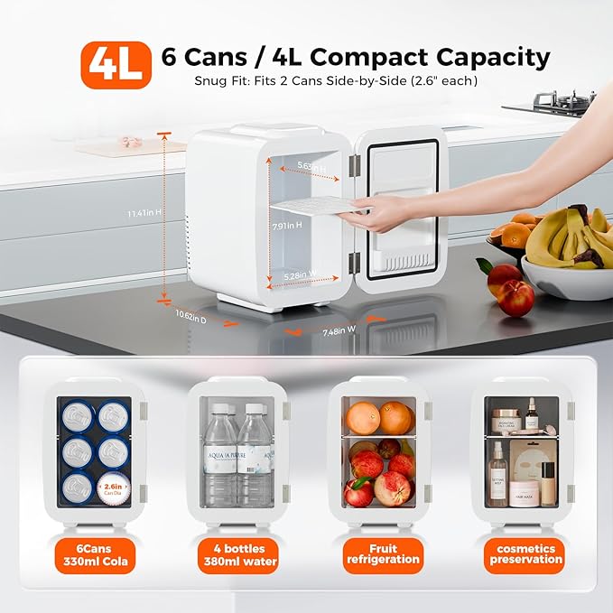Mini Fridge, 4 Liter/6 Can Mini Makeup Fridge, 110V AC/ 12V DC Portable Thermoelectric Cooler&Warmer for Skincare, Drink, Cosmetic, Medicine, Small fridge for Bedroom, Office, Dorm, Car, White
