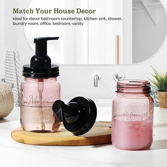 Amolliar Plastic Foaming Soap Dispenser with Pump Lid, 16Oz Refillable Foam Hand Soap Dispenser Set, Clear Dish Soap Bottles with Waterproof Lable for Farmhouse Kitchen Bathroom (2 Pack, Black)