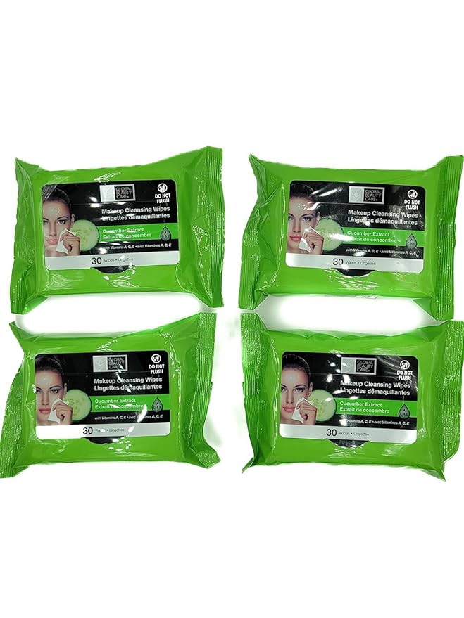 Global Beauty Care Cucumber Makeup Remover Wipes with Vitamins A C E For Cooling Skin Support - Facial Cleansing Towelettes Remove Waterproof Mascara, Oil & Dirt, All Skin Types 120 Count (4-Pack)