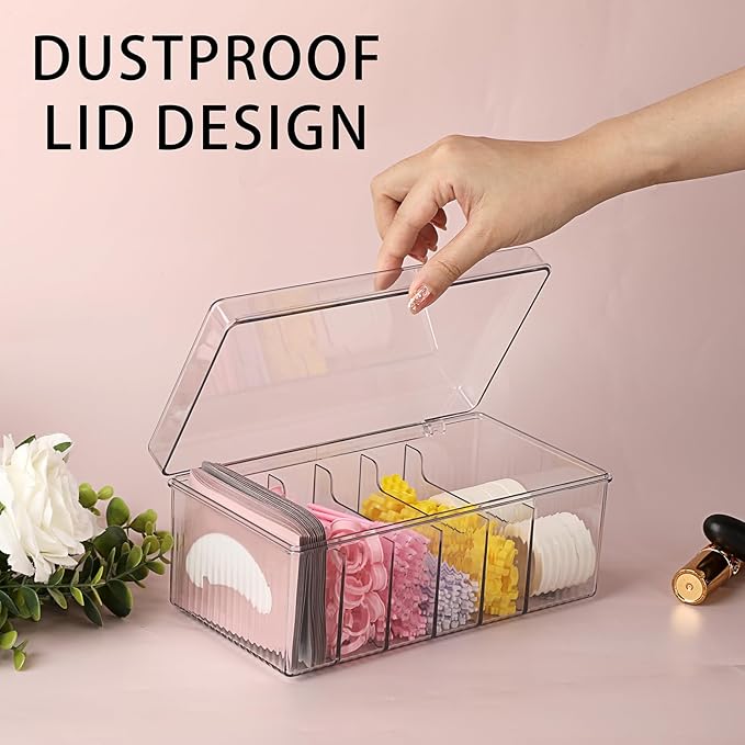 ELLDOO Lash Cart Organizer For Lash Techs, Acrylic Lashes Extension Box, Large Capacity False Eyelash Supplies Organizer Storage Box, Separated Lashes Supplies Container with Lid