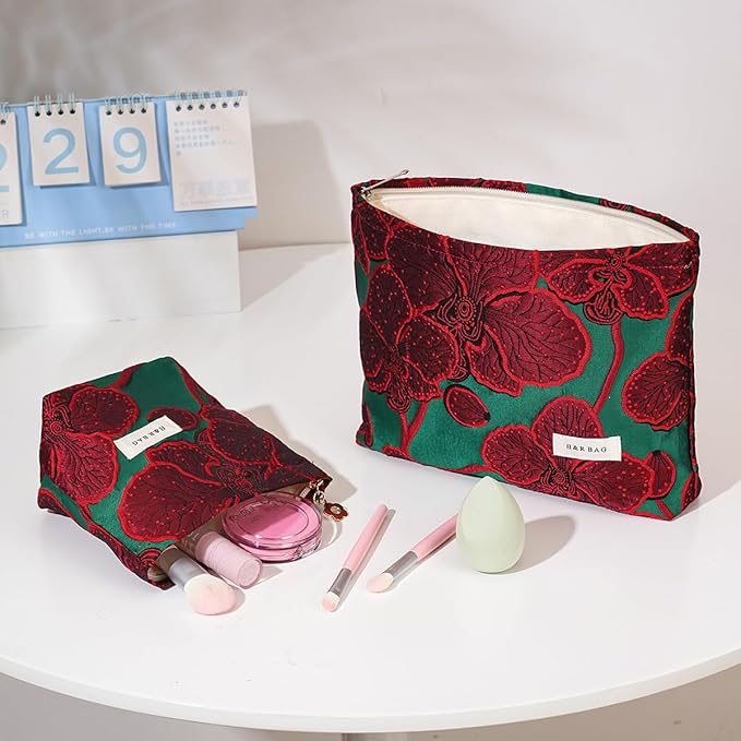 2 Pcs Makeup Bags for Purse, Large Cute Cosmetic Bag Travel Toiletry Bag Organizer for Women, Embroidery Craft Floral Makeup Bag Small Cosmetic Pouch Purse with Zipper (Elegant Red Flower)