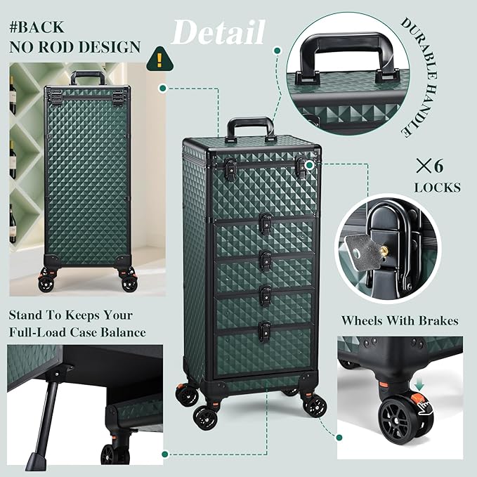 Nail Salon Cart with 4 Drawers,Rolling Makeup Train Case for Beauty,Cosmetology Case on Wheels Trolley Cart,Lockable Organizer Travel Case for Manicure/Face Painting/Hairstylist,DARK GREEN