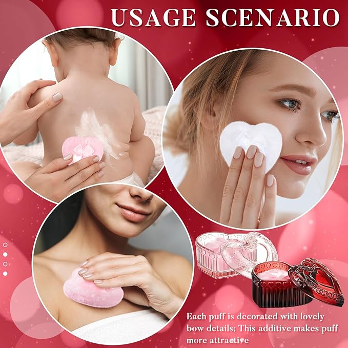 Tioncy 4 Pcs Large Body Powder Puff and Container Extra Large Body Powder Puff Dish Soft Washable Reusable Fluffy Makeup Sponge Wet Dry (Heart,Pink and Red)