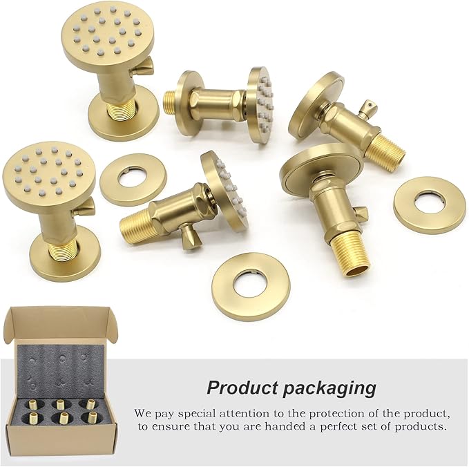 (Upgrade) Solid Brass Shower Jets with On Off Switch Brushed Gold Round Shower Body Sprays Massage Wall Jets Rotating Showerhead Body Sprayers Adjustable, NPT 1/2”