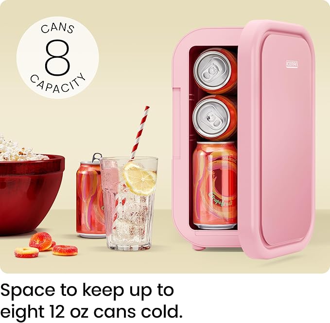 Iceman Portable Mini Fridge – Fits 8 x 12 oz Cans, Cooler and Heater Mini Fridge for Bedroom, Car, Office, Dorm and Skincare, AC/DC Car Plug-Compatible - Pink