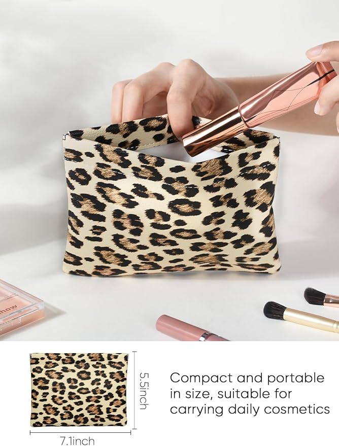 Leopard Leather Small Makeup Pouch for Women,Cosmetic Accessories,Waterproof and Portable Cosmetic Bag,Self-closing, No Zipper, Aesthetic Storage Pouch,Lipstick for Purse,Apricot Color