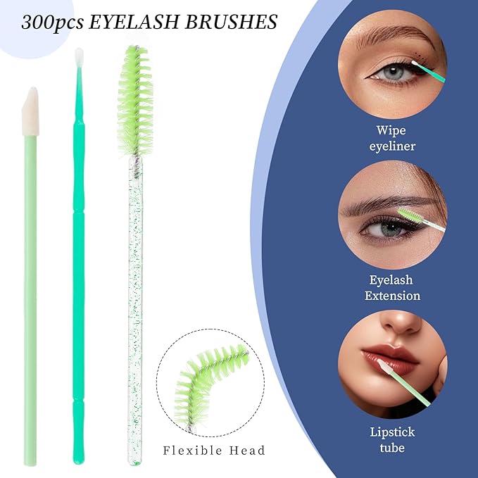 300 PCS Eyelash Extension Supplies Kit, Disposable Micro Swab Brush, Eyebrow Spoolie, Lip Brush, Mascara Wand Applicator (light green kits)