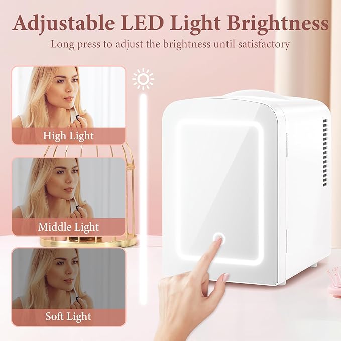 Xbeauty Skincare Mini Fridge With Dimmable LED Mirror, 4L Mini Makeup Refrigerator for SkinCare, Cosmetics, Food & Drinks, Portable Small Refrigerator for Bedroom, Dorm, Car, Office, White