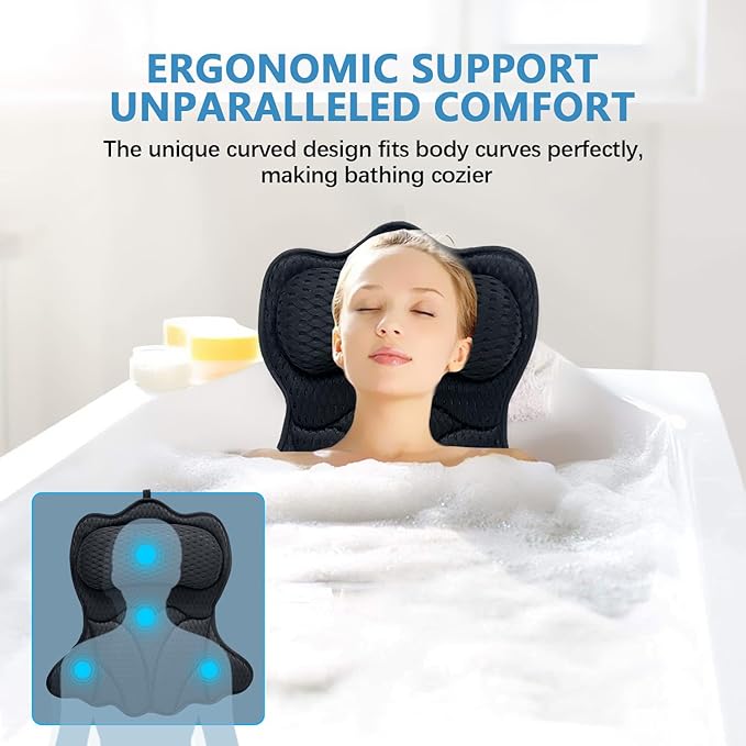 REEZEIVI Bath Pillows for Tub,Bath Pillow with 6 Non-Slip Suction Cups,Soft 4D Mesh Fabric,Bathtub Pillows for Tub Neck and Back Support,Extra Thick Luxury Bathtub Pillows,Black