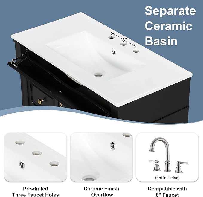 Harper & Bright Designs 36" Bathroom Vanity with Sink, Free Standing Bathroom Vanity Set with Flip Drawer, 2 Drawers, and Adjustable Shelf, Wood Storage Cabinet with Ceramic Basin for Bathroom, Black