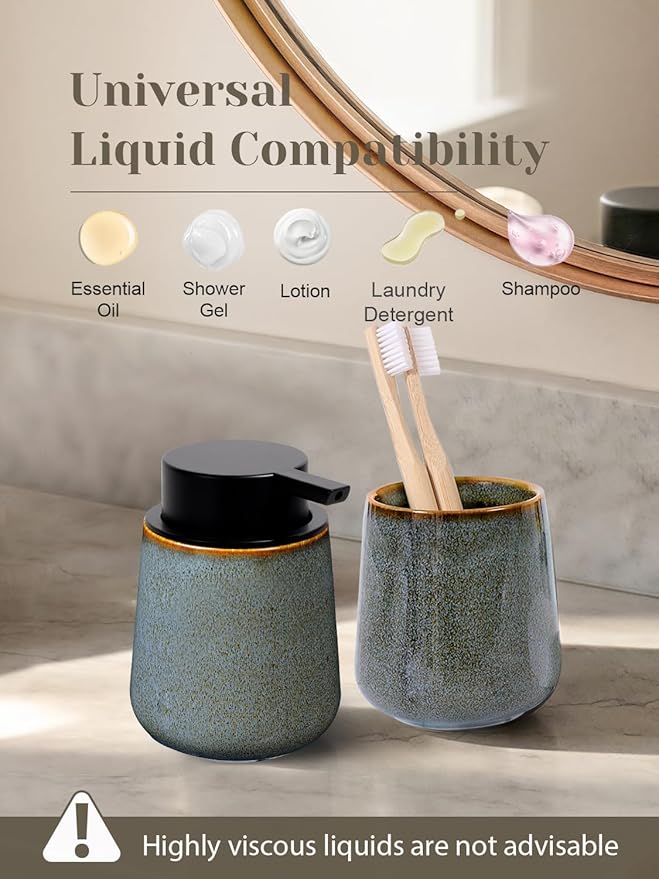 INGOFIN Ceramic Lotion Dispenser - 12 oz Refillable Hand Soap Dispenser Bathroom, Modern Liquid Dispenser with Pump, Dish Soap Dispenser for Kitchen,Kiln-Glazed Blue Green