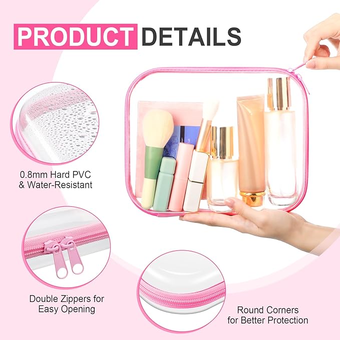 Hoolerry 4 Pcs Hard Clear Zipper Case Makeup Bags Plastic Zipper Pouch Transparent Storage Box Containers for Cosmetics, Snacks, Building Blocks, Puzzles(Clear,9.8 x 7.9 x 2 in,Pink)