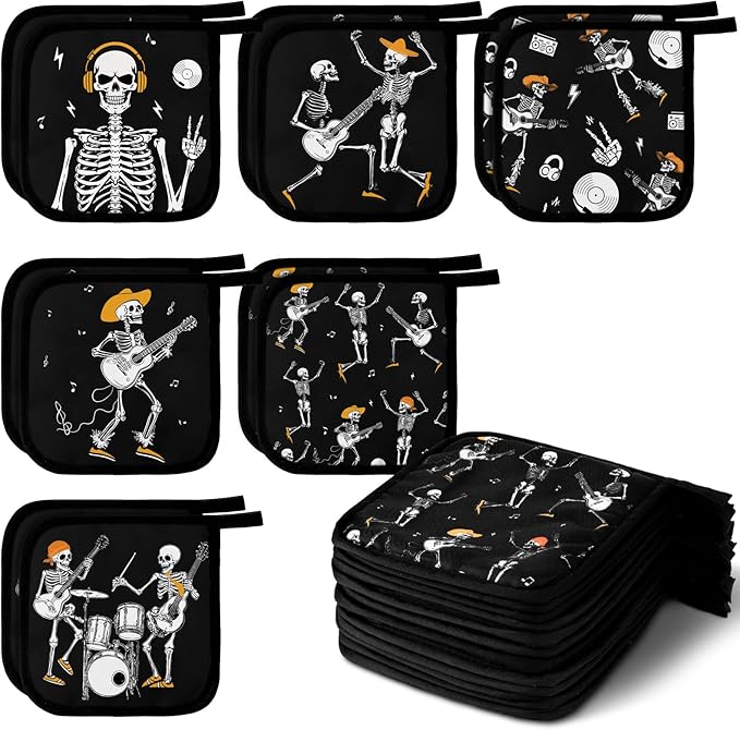 Bencailor 12 Pcs Pot Holders with Pocket Kitchen Hot Potholders Hot Pad Oven Mitts Cookie Bag Oven Gloves for Kitchen Gift Baking Cooking(Black,Skull)