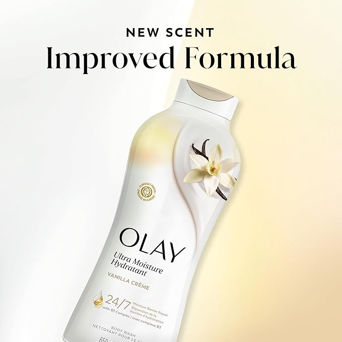 Olay Body Wash for Women, Ultra Moisture, 24/7 Moisture Barrier Repair, Hydrating Formula for Visibly Healthy Soft Skin, Vitamin B3 & Hyaluronic Blend, All Skin Types, Vanilla Creme Scent, 22 fl oz