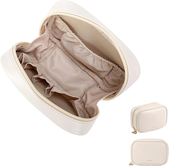 RIGHT AWAY Small Makeup Bag for Purse,Travel Cosmetic Bag Organizer for Women,Cute Make Up Pouch Waterproof Toiletry Bag with Zipper,Portable Makeup Case Skincare Bag for Travel Accessories(White)