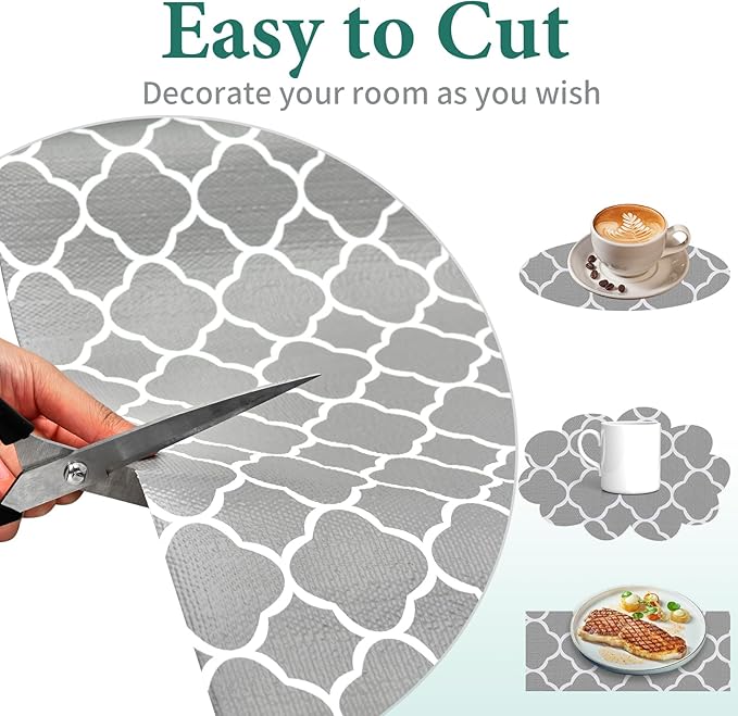 Shelf Liners for Kitchen Cabinets 17in x 30FT Non Adhesive Drawer Liner Gray Quatrefoil Thickened Shelf Liner Paper Strong Non-Slip Easy to Clean for Tool Box Refrigerator with Knife and Tape Measure
