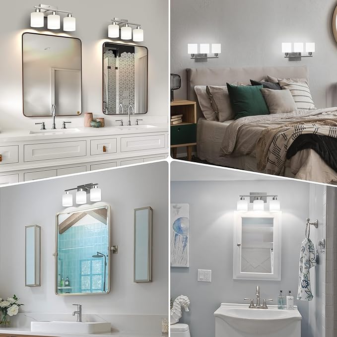 Bathroom Light Fixtures Over Mirror Brushed Nickel, Rustproof 3-Light Bathroom Vanity Lights, 18 Inches Modern Wall Sconces E26 Base, Milky White Glass Shades, Bulbs Not Included