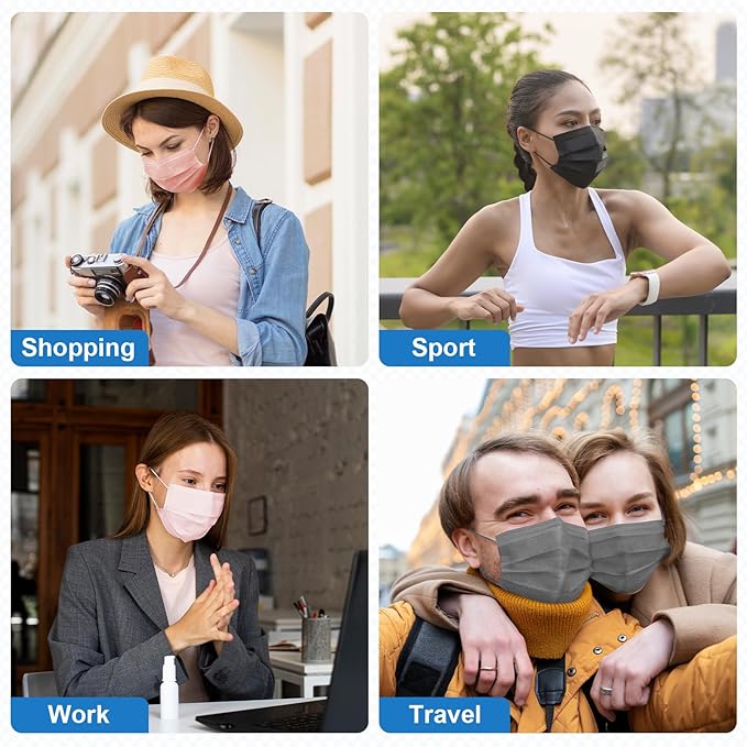 ZIYE 100/500 Pcs Disposable Face Masks, Breathable Mask 3 Layer with Nose Clip Elastic Earloop（Multicolor/Black）