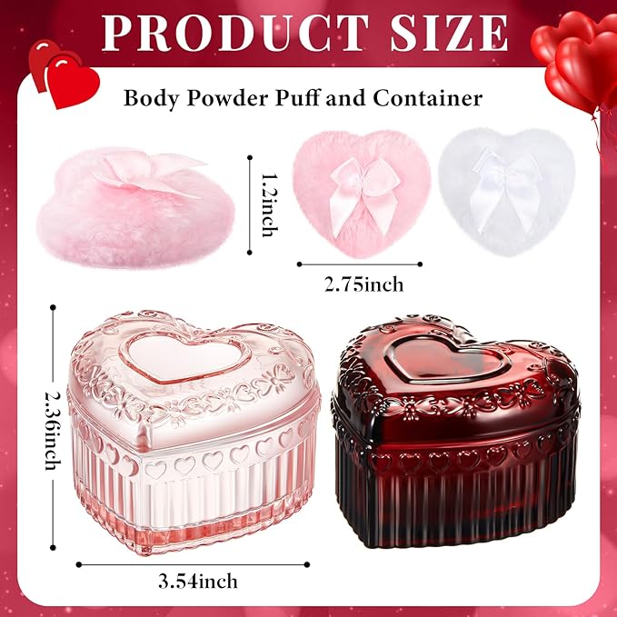 Tioncy 4 Pcs Large Body Powder Puff and Container Extra Large Body Powder Puff Dish Soft Washable Reusable Fluffy Makeup Sponge Wet Dry (Heart,Pink and Red)