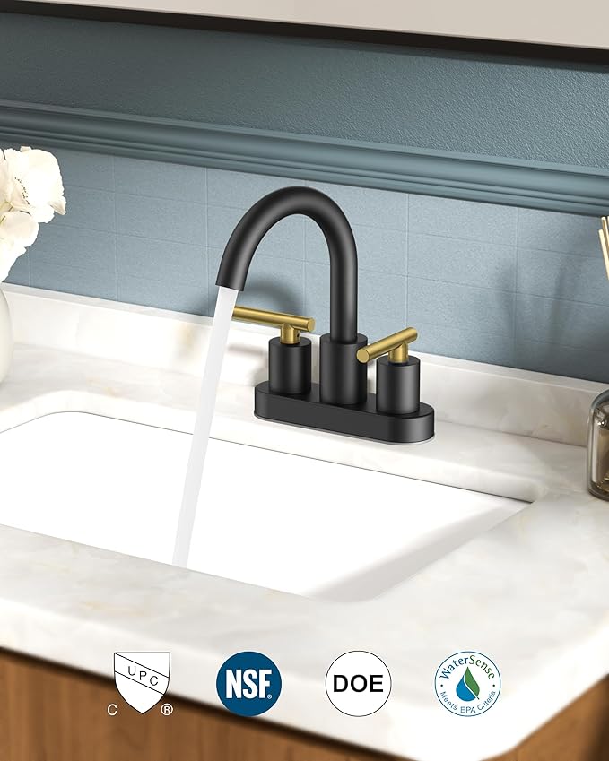FORIOUS 4 in Black and Gold Bathroom Faucet Centerset, 2 Handle Matte Black Swivel Faucet for Bathroom Sink 2 or 3 Hole with Pop Up Dain Assembly and cUPC Supply Hose, Suitable for Vanity RV Restroom