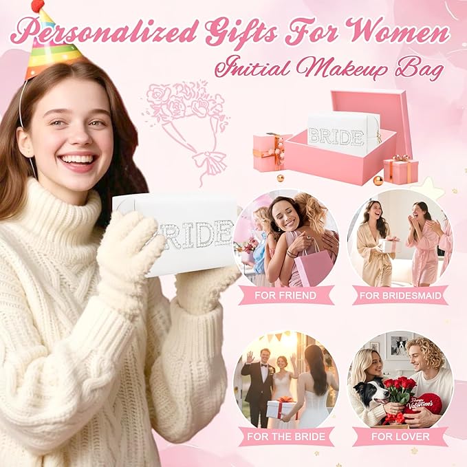 ChaoGreat Bride Gifts – Personalized Makeup Bag with Pearl Rhinestone Patch, Preppy White Monogram Cosmetic/Toiletry Pouch, bridesmaid Gifts, Bridal Shower Gifts, Wedding Gifts, Bridal Gifts,Bride