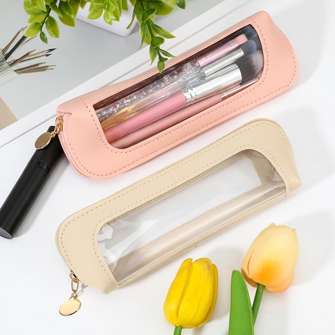 2Pcs Clear Makeup Brush Bag, Leather Slim Makeup Case, Portable Transparent Waterproof Cosmetic Pouch with Zipper, Double Sided Clear Bag for Women Travel Storage (White, Pink)