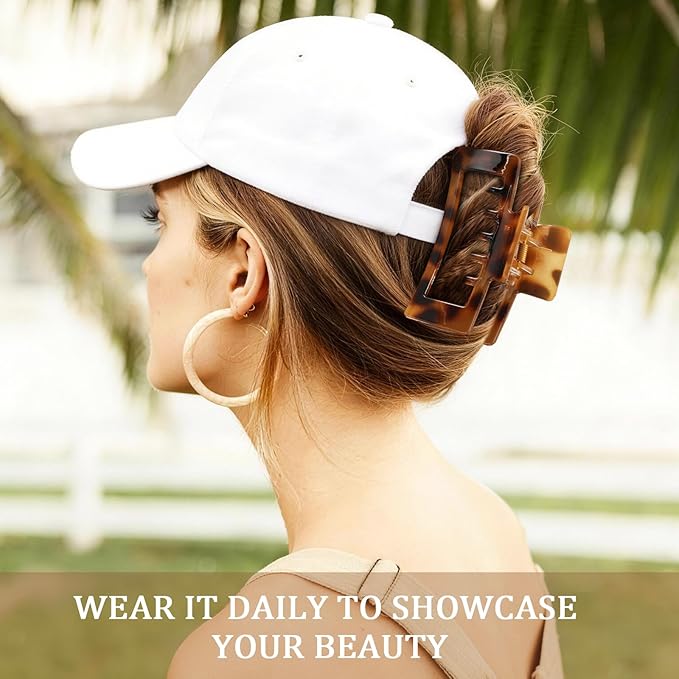 6 PCS 4.1 Inch Large Claw Clips for Thick Hair, Double Layer Teeth Tortoise Shell Rectangle Hair Clips for Hat,Strong Hold Square Big Claw Clip Non Slip Baseball Jaw Clips Hair Accessories