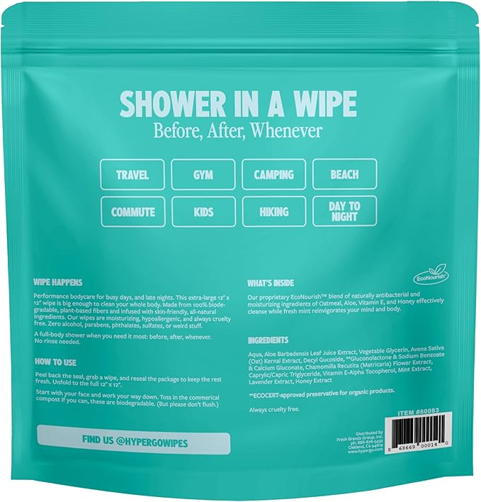 HyperGo XL Body Wipes for Women & Men – 12" x12" Rinse-Free Full Body Cleansing 30 Count Pack - Mint | Biodegradable, Hypoallergenic, Aloe-Infused | Gym, Festival, Camping Essentials