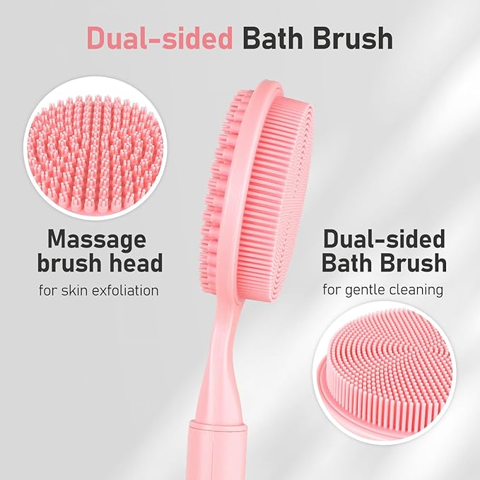 OZNER 24 Inches Silicone Back Scrubber for Shower - Extendable Long Handle Shower Brush with Dual-Sided Bristles - Exfoliating Body Scrubber for Sensitive Skin - Perfect for Men & Women (Pink)