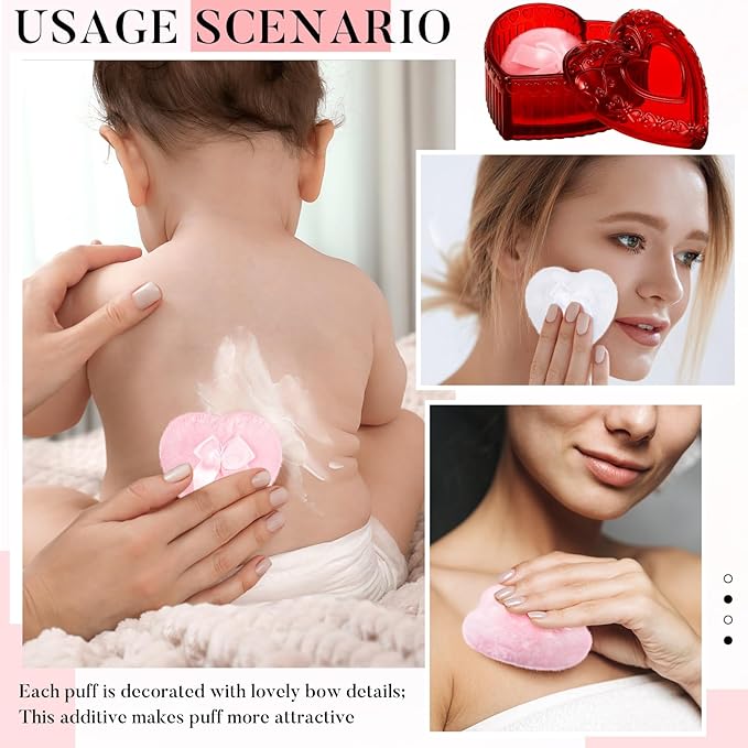 Tioncy 3 Pcs Large Body Powder Puff and Container Valentine's Day gift Powder Container with Puff Crystal Case Soft Washable Reusable Velour Face Body Glitter Wet Dry Makeup(Heart,Red)