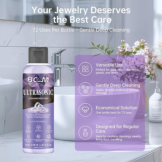 Ultrasonic Jewelry Cleaning Solution, Great for Use in All Ultrasound Machines, Eyeglass and Rings, Effective Solution for Cleaning Gold, Silver, Platinum, Diamonds, and Watch, 8.5 oz/250 ml （Purple）