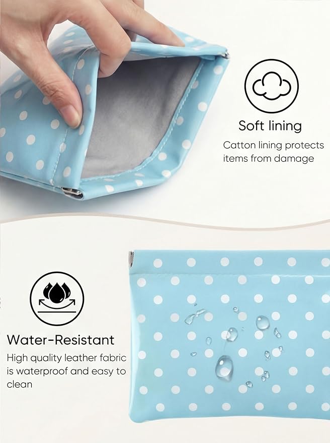 Dots Leather Makeup Pouch Set for Women Small Make Up Bag for Purse Waterproof Initial Makeup Cosmetic Bags Pouches for Purse Aesthetic Travel Toiletry Bag,Blue White