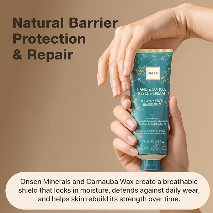 Onsen Hand & Cuticle Rescue Cream | Organic Nail Strengthener & Balm | Dry, Cracked Hands, Elbows & Feet | Shea Butter, Tsubaki & Jojoba Oil | Nail Repair & Growth, Vegan - 1 Pack (2.4 fl. oz)