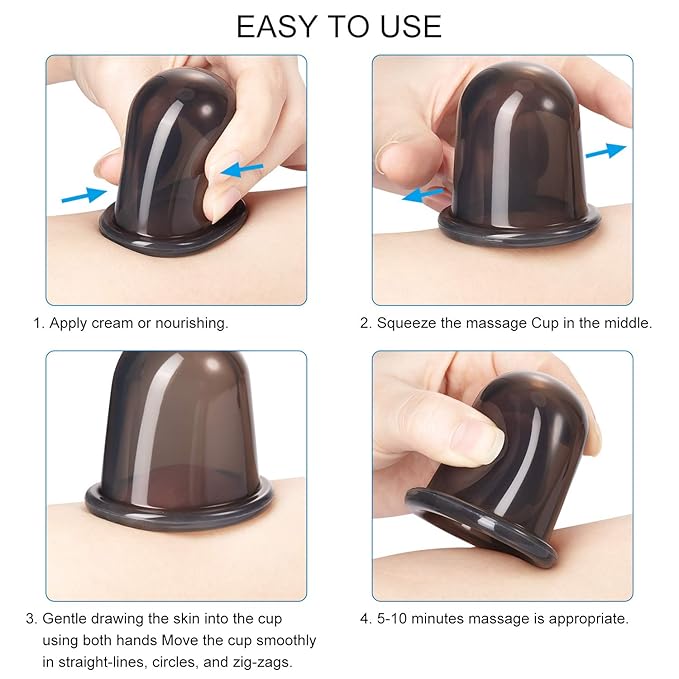 BBTO Silicone Facial Cupping Set, Vacuum Massage Cup Kit for Body, Face, Neck, Back, and Eye, 6 Cups and Exfoliating Brush(Black)