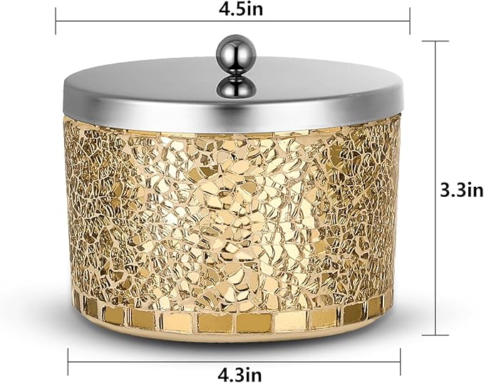 Bathroom Jars q tip holder, Gold Mosaic Glass Cotton Swab Holder, Cosmetics Makeup Accessories Storage for Makeup Sponge Bath Salts Storage Christmas Birthday