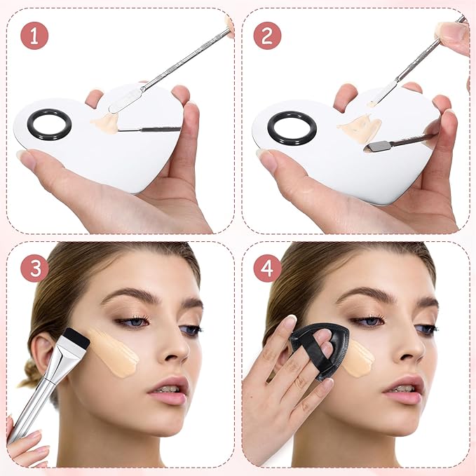 Makeup Mixing Palette Korean Set with Foundation Brush and Spatula, Professional Stainless Steel Heart Makeup Palette Reusable Beauty Tools for Facial Cosmetic,Nail Art,Pigment Blending