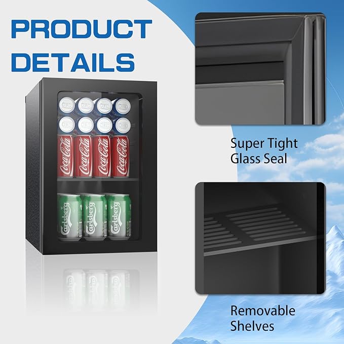 0.9 Cubic Feet Mini Fridge, 24 Can Freestanding Beverage Refrigerator with Acrylic Front Door for Soda Beer, Under Counter Small Refrigerator with Adjustable Shelves for Home Bar Office(Black)
