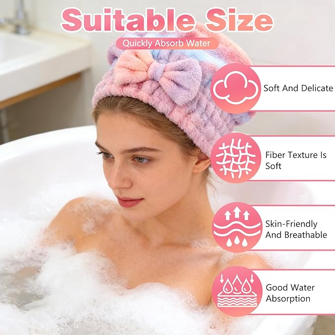 2Pcs Super Absorbent Hair Towel Wrap for Wet Hair, Microfiber Hair Drying Caps,New Fast Drying Hair Turban Wrap Towels Shower Cap for Girls and Women(Pink)