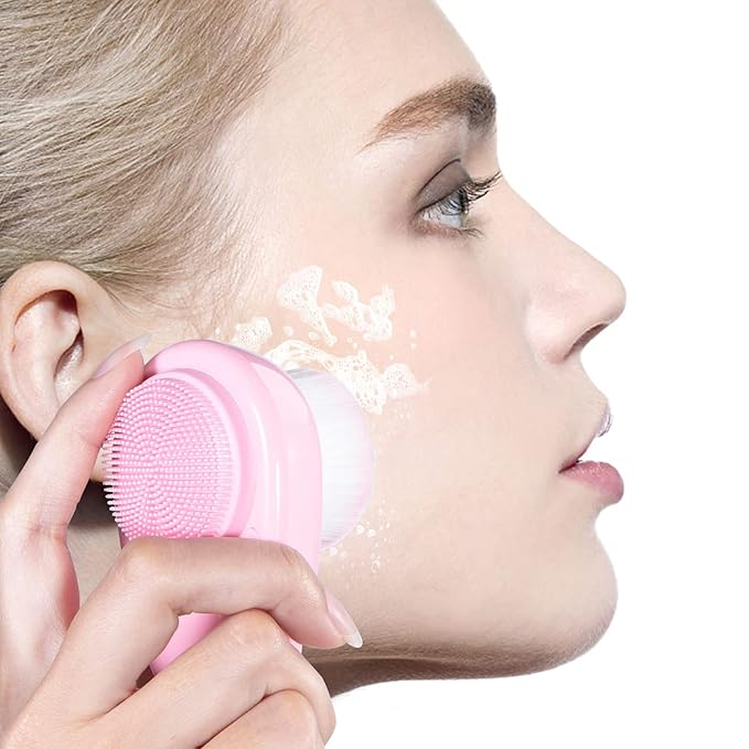 Facial Cleansing Brush 2 in 1 for Face Exfoliation, 2 Pack Soft Microfiber Bristle Brush for Pore Deep Cleansing, Dual Face Silicone Scrubber Brush for Skincare with Lid, Pink