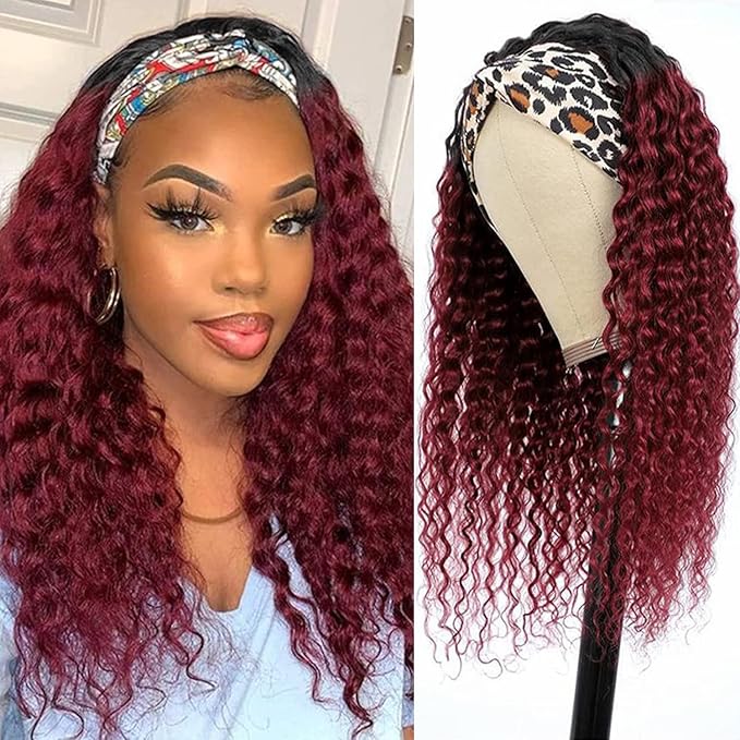 Aiterina Headband Wig deep wave human hair wigs for Black Women Brazilian Remy Hair Glueless Non Lace Front Wig 150% Density (16 inch, 1B/99J)