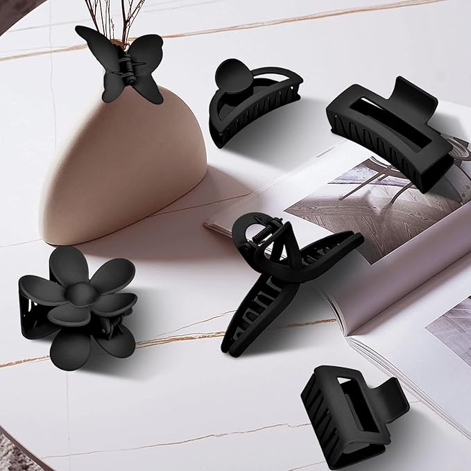 6 Pack Matte Non-Slip Hair Accessories - Claw Clips in Black for Thin and Thick Hair, Ranging from 1.85-4.5 Inches, Featuring Flower, Banana, and Butterfly Designs for Women and Girls